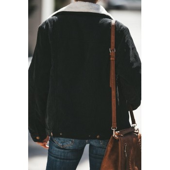 Khaki Fold Over Collar Zipper Plain Jacket Black
